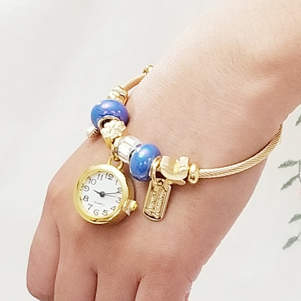 Women's Watch Bracelet with dangle Charms. Blue. 14K Gold Plated. New